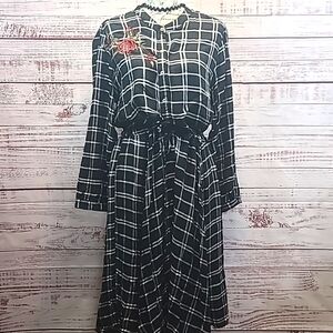 Lola P. Long sleeve embroidered shoulder plaid dress
